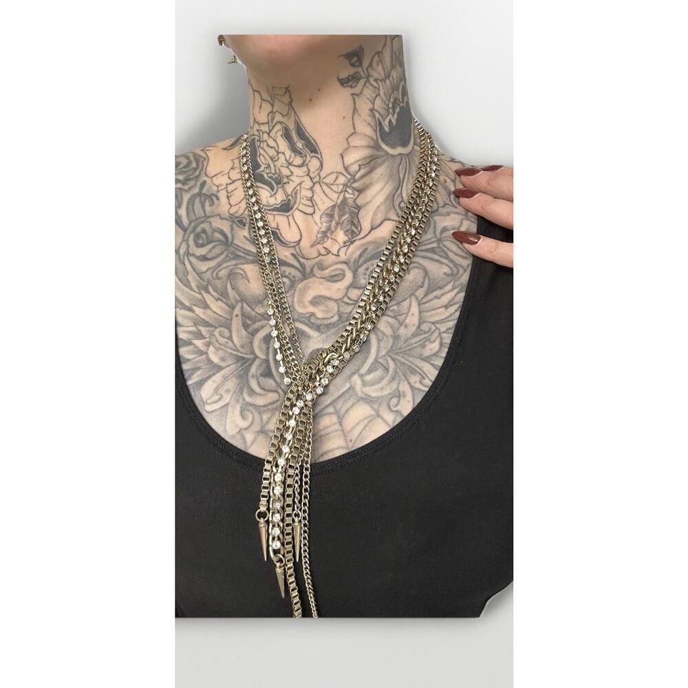 Gold Toned Necklace Earring set layered chain pyramid spiked pendant studs